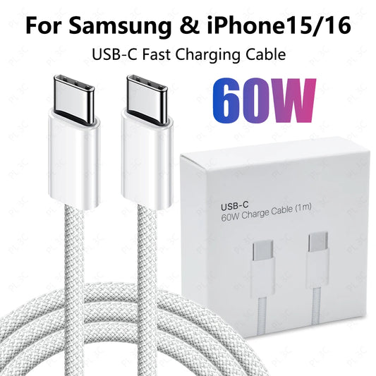 Original USB C Cable 60W For Apple iPhone 17 16 15 Pro Max Type C Cable For Samsung S24 23 22 Xiaomi Type C Weaving Cable