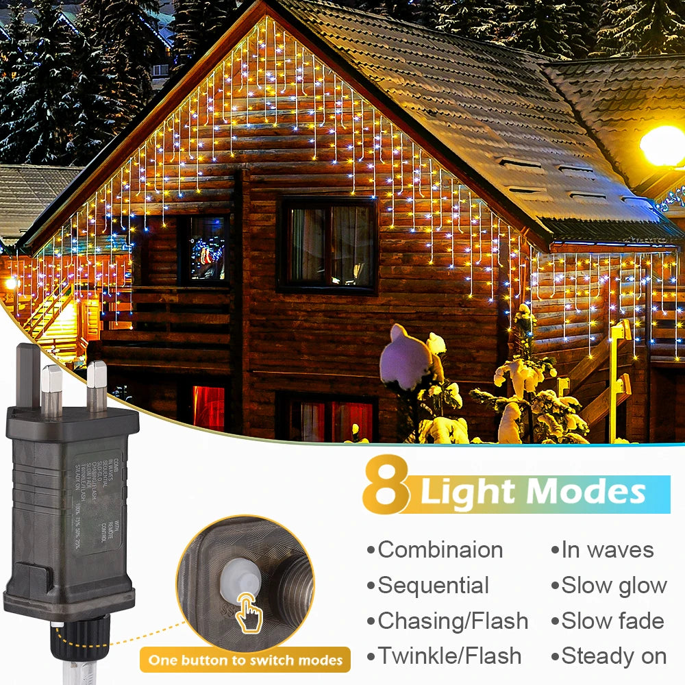LED Icicle Lights 10m Holiday Fairy String Lights With 8 Mode For Bedroom Garden Outdoor Street Garland Festival Christmas Decor