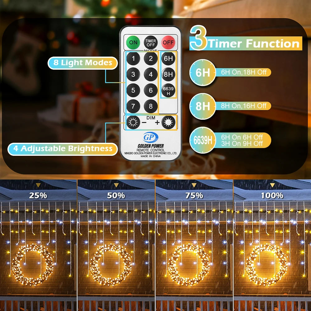 LED Icicle Lights 10m Holiday Fairy String Lights With 8 Mode For Bedroom Garden Outdoor Street Garland Festival Christmas Decor