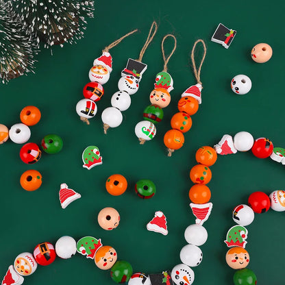 48/80Pcs DIY Christmas Wooden Beads Set Santa Snowman Elf Garland Xmas Tree Hanging Pendants New Year Party Home Decoration Gift