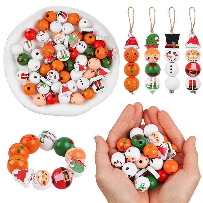 48/80Pcs DIY Christmas Wooden Beads Set Santa Snowman Elf Garland Xmas Tree Hanging Pendants New Year Party Home Decoration Gift