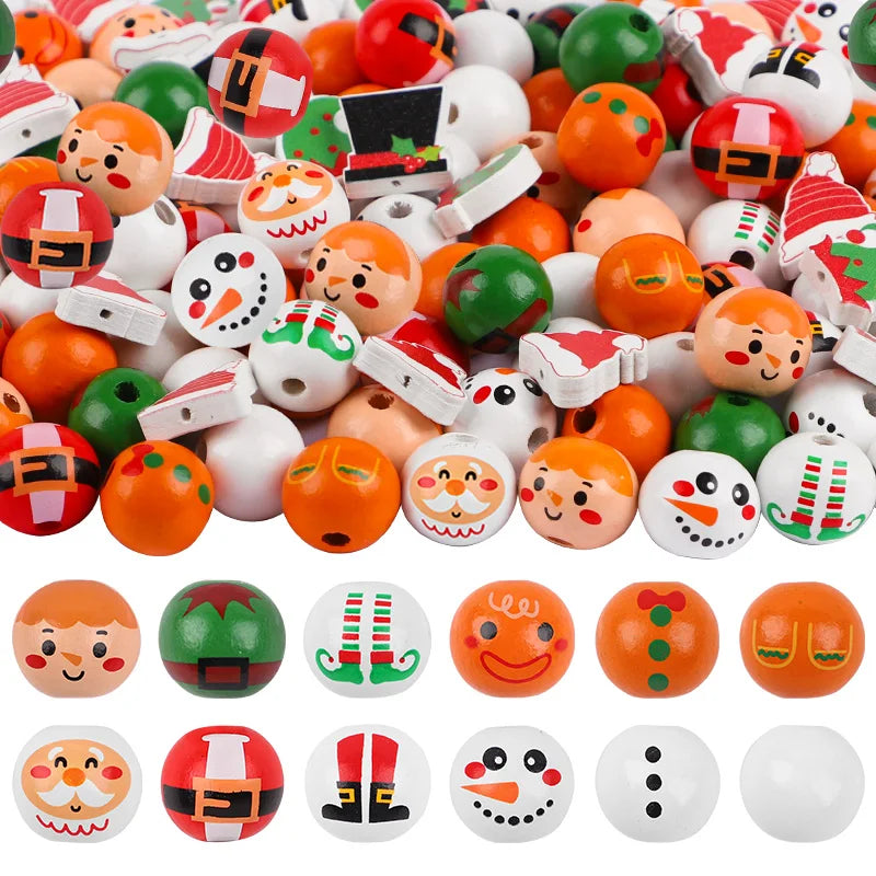 48/80Pcs DIY Christmas Wooden Beads Set Santa Snowman Elf Garland Xmas Tree Hanging Pendants New Year Party Home Decoration Gift