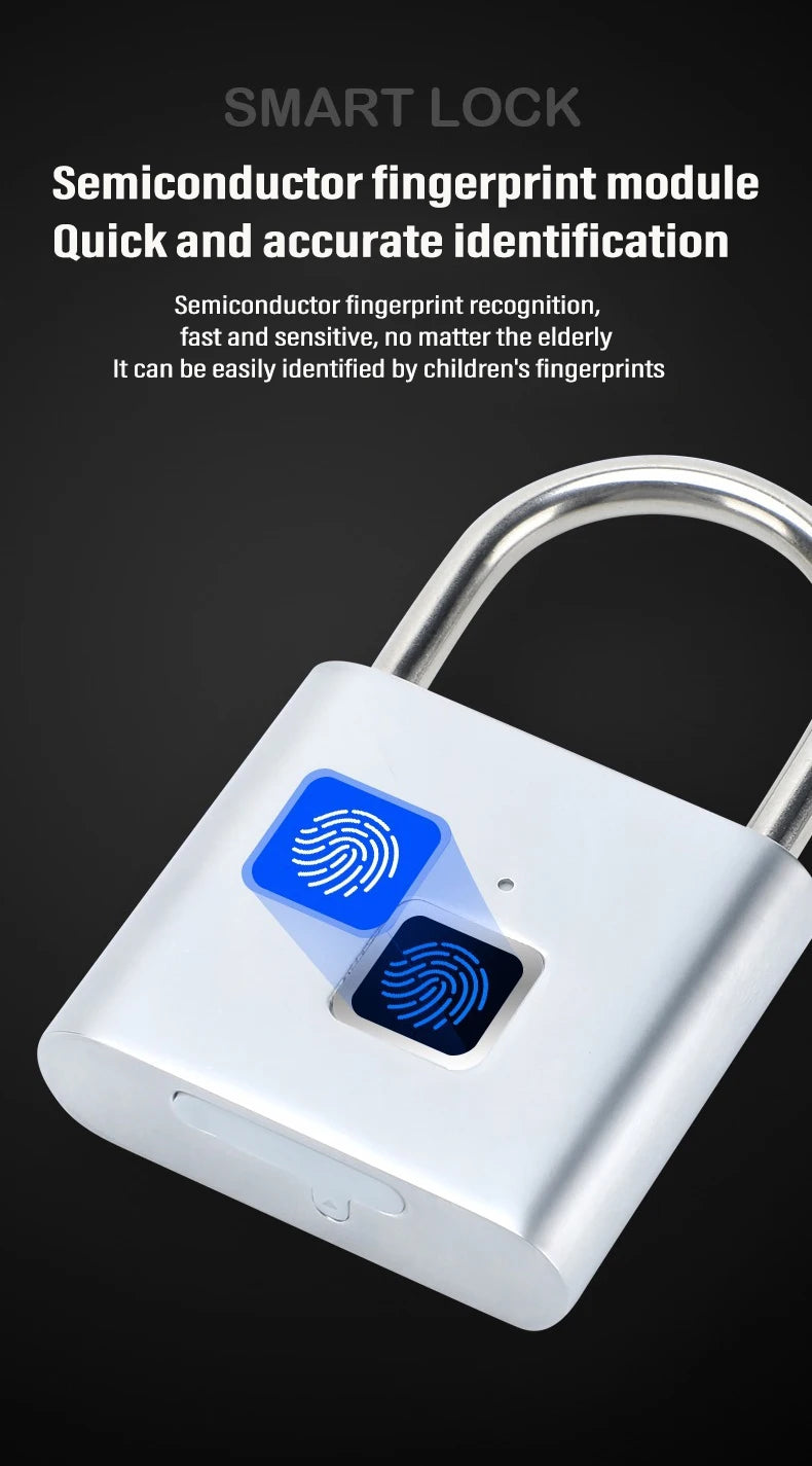 Keyless Smart Fingerprint Padlock USB Charging Fingerprint Lock Waterproof Door Lock 0.2sec Unlock Security Padlock for House