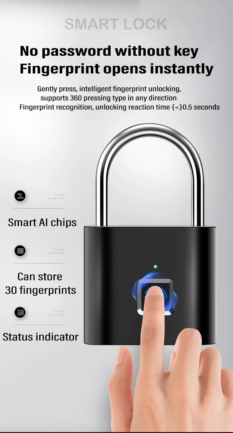 Keyless Smart Fingerprint Padlock USB Charging Fingerprint Lock Waterproof Door Lock 0.2sec Unlock Security Padlock for House