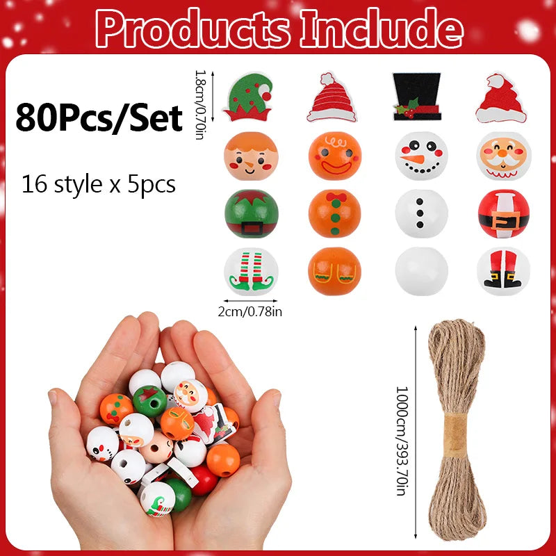 48/80Pcs DIY Christmas Wooden Beads Set Santa Snowman Elf Garland Xmas Tree Hanging Pendants New Year Party Home Decoration Gift
