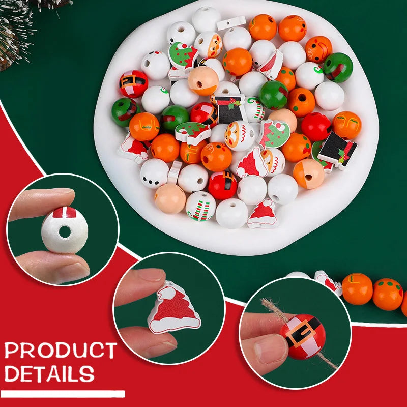 48/80Pcs DIY Christmas Wooden Beads Set Santa Snowman Elf Garland Xmas Tree Hanging Pendants New Year Party Home Decoration Gift