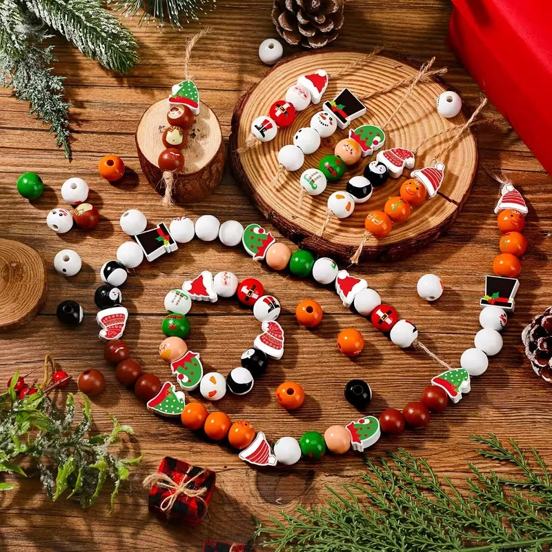 48/80Pcs DIY Christmas Wooden Beads Set Santa Snowman Elf Garland Xmas Tree Hanging Pendants New Year Party Home Decoration Gift