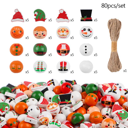 48/80Pcs DIY Christmas Wooden Beads Set Santa Snowman Elf Garland Xmas Tree Hanging Pendants New Year Party Home Decoration Gift