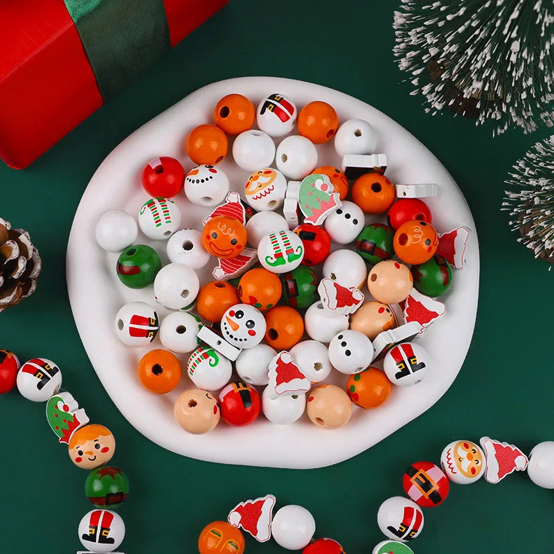 48/80Pcs DIY Christmas Wooden Beads Set Santa Snowman Elf Garland Xmas Tree Hanging Pendants New Year Party Home Decoration Gift