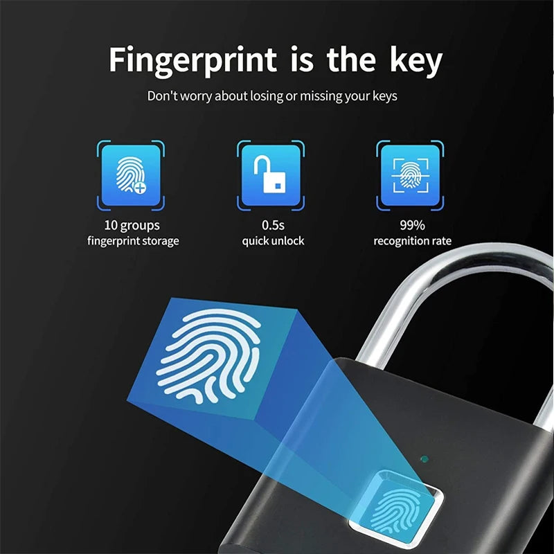 Keyless Smart Fingerprint Padlock USB Charging Fingerprint Lock Waterproof Door Lock 0.2sec Unlock Security Padlock for House