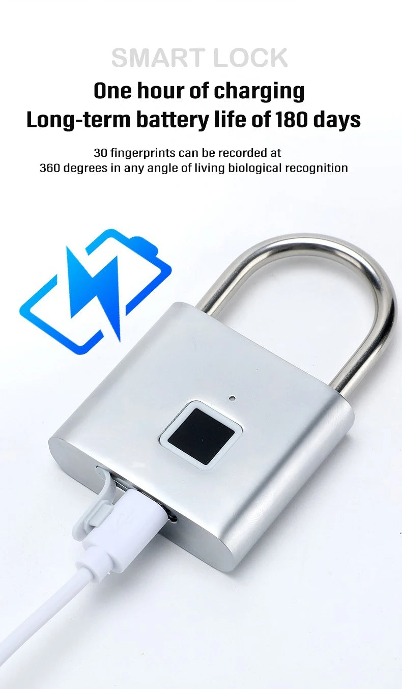 Keyless Smart Fingerprint Padlock USB Charging Fingerprint Lock Waterproof Door Lock 0.2sec Unlock Security Padlock for House