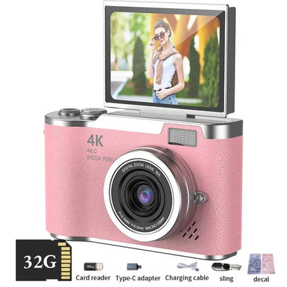 4K Digital Camera CCD 180° Flip Screen Selfie Camera 8X Digital Zoom 48MP Portable Digital Photography Camera with 32G Card